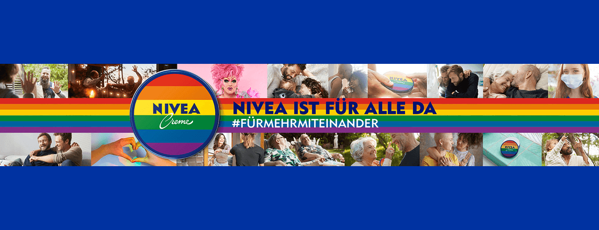 blauer Hintergrund, bilder von diversen Personen, regenbogen in der Mitte, Nivea ist für alle da, regenbogenfarbene Nivea Dose